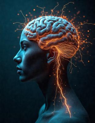 The primary subject of the image is a woman's head, with a close-up view of her face. The setting is a dark background, which contrasts with the bright, glowing light emanating from her head. The visual style is a digital art or illustration, with the woman's head being the main focus of the image. The colors and mood are dramatic and intense, with the glowing light creating a striking and captivating effect.